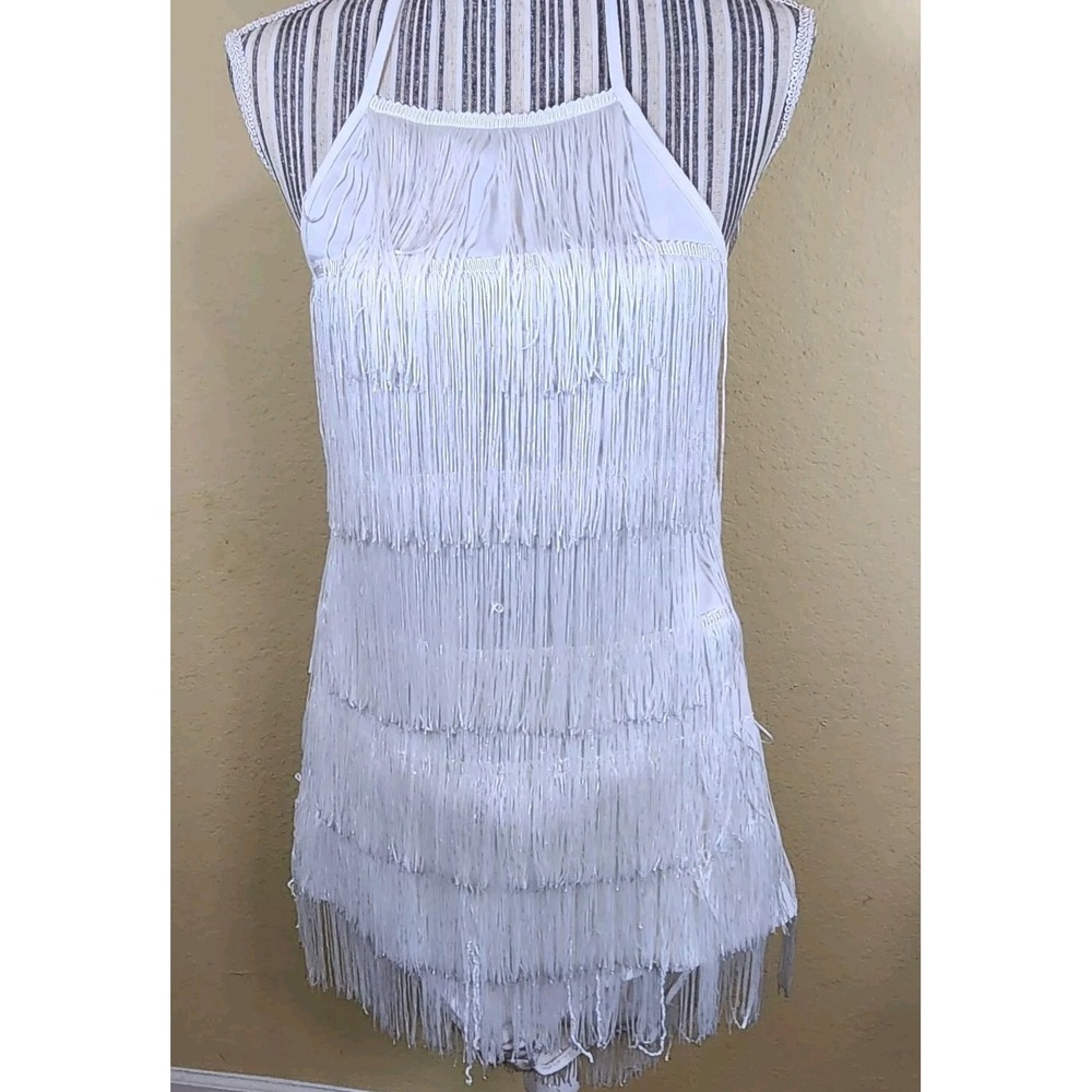 PrettyLittleThing White‎ Tiered Fringe Halter Bodysuit Size 8 Festival Flapper